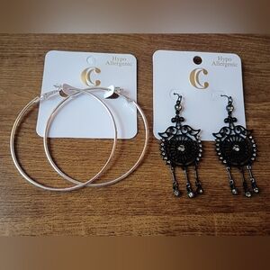 NWOT Charming Charlie 2 Pair Earring Bundle Silver Hoops Black Chandelier